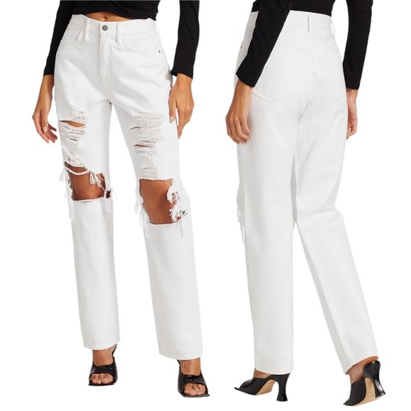 Frame Le Hollywood High Rise Distressed Jeans in Rumpled Blanc Rips White Denim - Picture 1 of 10